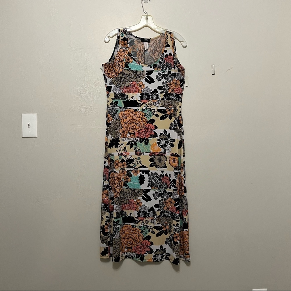 MSK BOHO MAXI DRESS TAN ORANGE GREEN‎ PETITE MEDIUM STRETCH COMFORTABLE